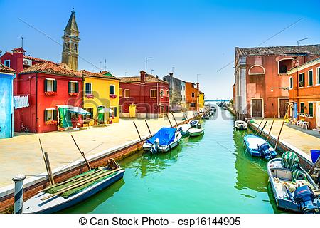 Stock Photography of Venice landmark, Burano island canal.