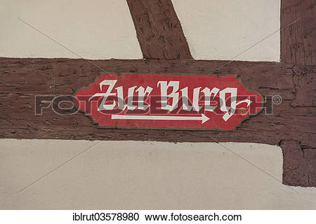 Stock Photography of "Signpost to the castle, """"Burg, on a house.