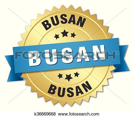 Clip Art of Busan round golden badge with blue ribbon k36669668.