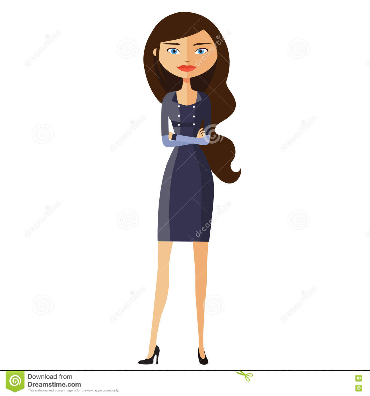 Flat Business Woman. Calm Young Girl Standing. Serious Cute Business.