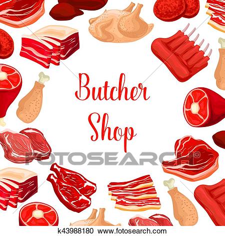Butcher shop, butchery meat products vector poster Clipart.