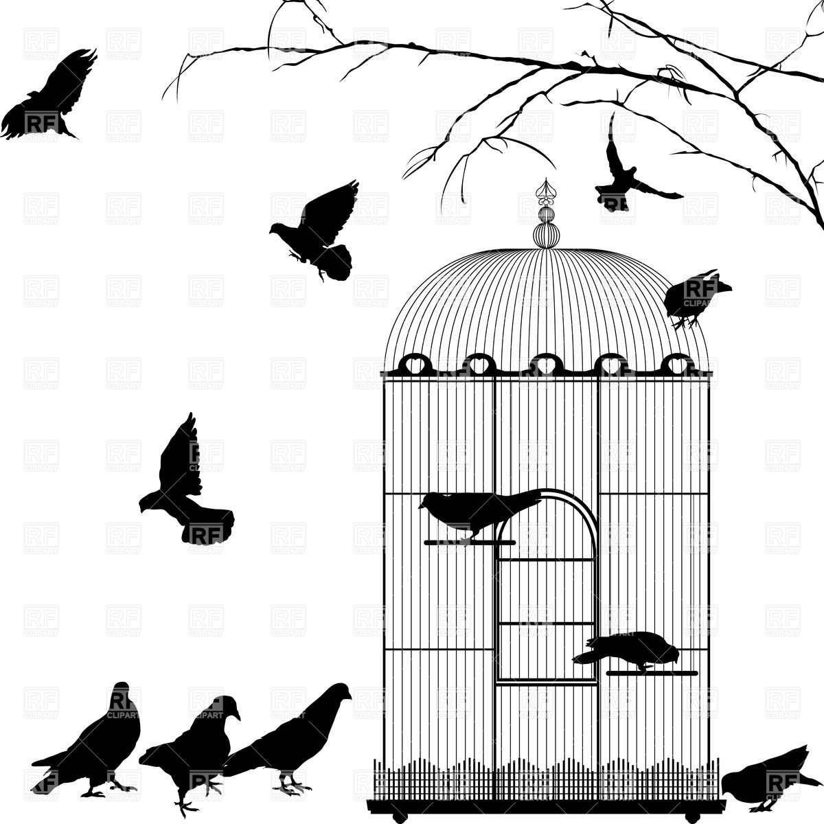 Birdcage and silhouettes of birds Vector Image #38381.