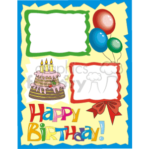 Happy birthday border with a cake and balloons clipart. Royalty.