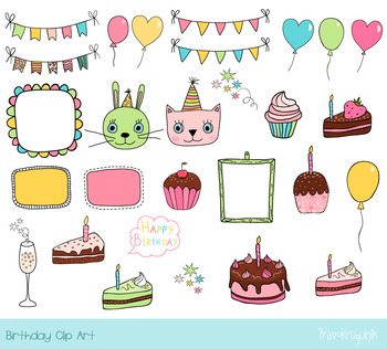 Cute birthday party clipart, Birthday bunting, cake, cupcake, balloon, pink  cat.