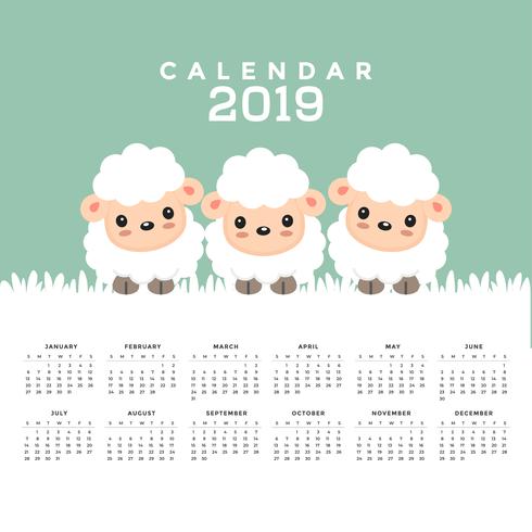 Calendar 2019 with cute sheep cartoon..