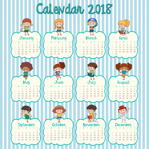 2018 calendar template with happy kids Vector.