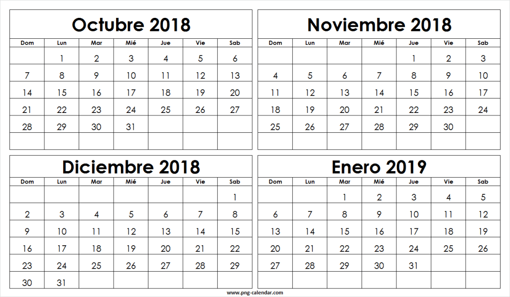 Linda Octubre Noviembre Diciembre 2018 Enero 2019 Calendario.