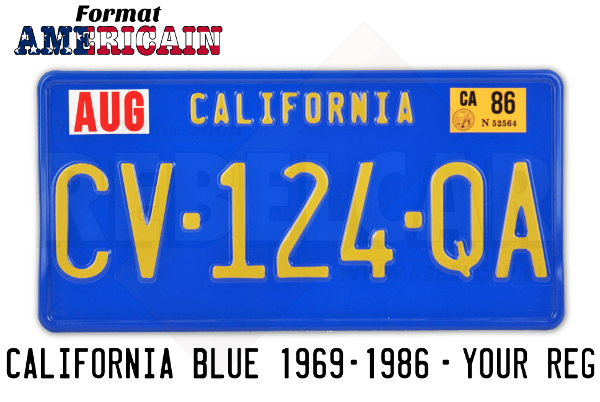 US California BLUE aluminum 300x150 mm license plate with BLUE BORDER and  CALIFORNIA EMBOSSED ON THE TOP Embossed to the text or to the registration.