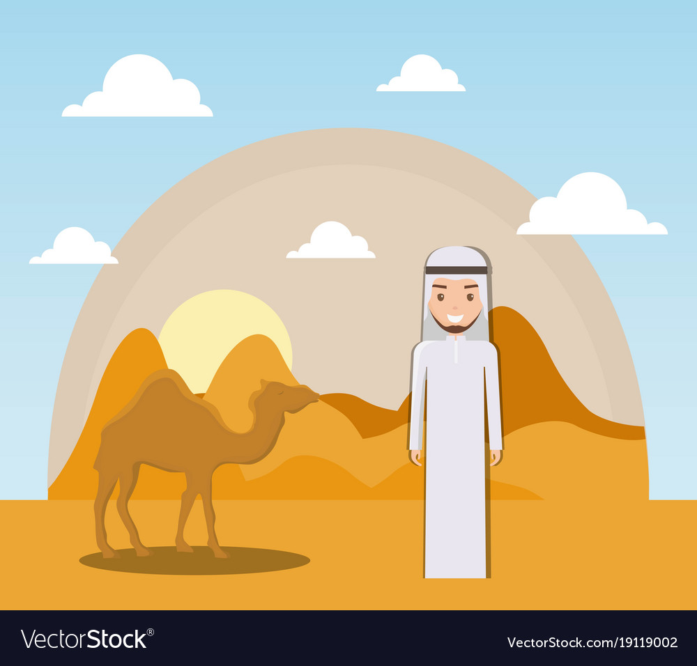 Landscape of dry desert with camels.