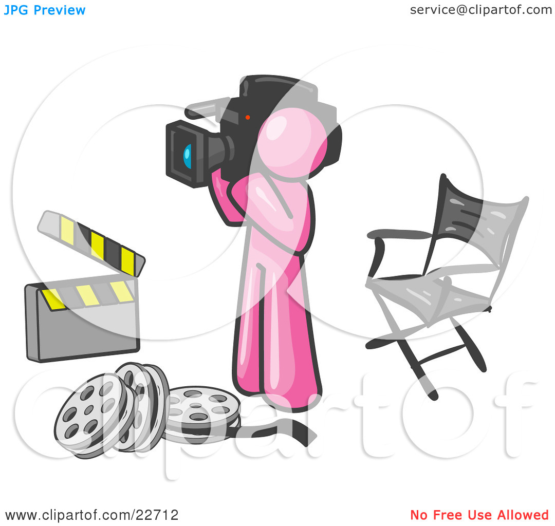 Clipart Illustration of a Pink Man Filming a Movie Scene With a.