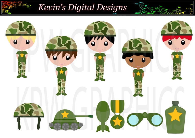 Military Army Boys in Green Camouflage Clip.