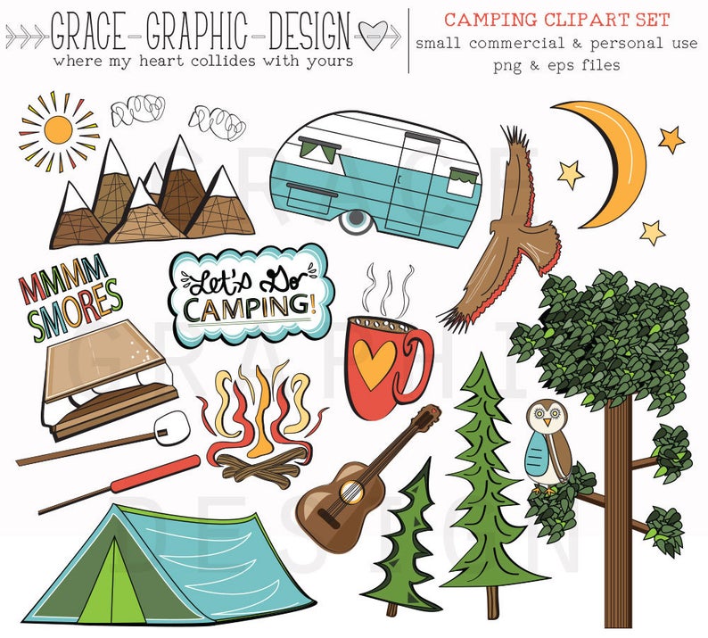 CAMPING CLIPART, camper clipart, nature clipart, digital illustrations,  instant download eps summer camping clipart set, digital paper pack.