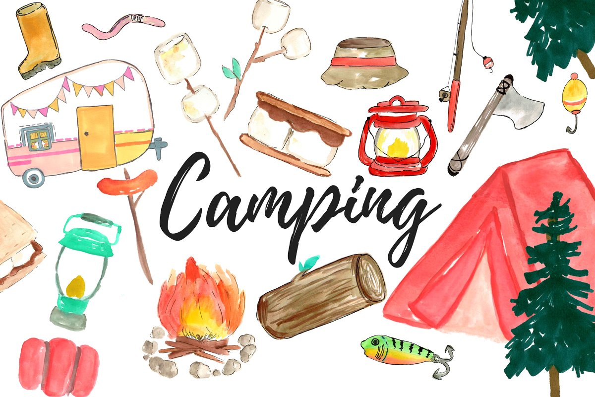 Large Watercolor Camping Clipart Set ~ Illustrations.