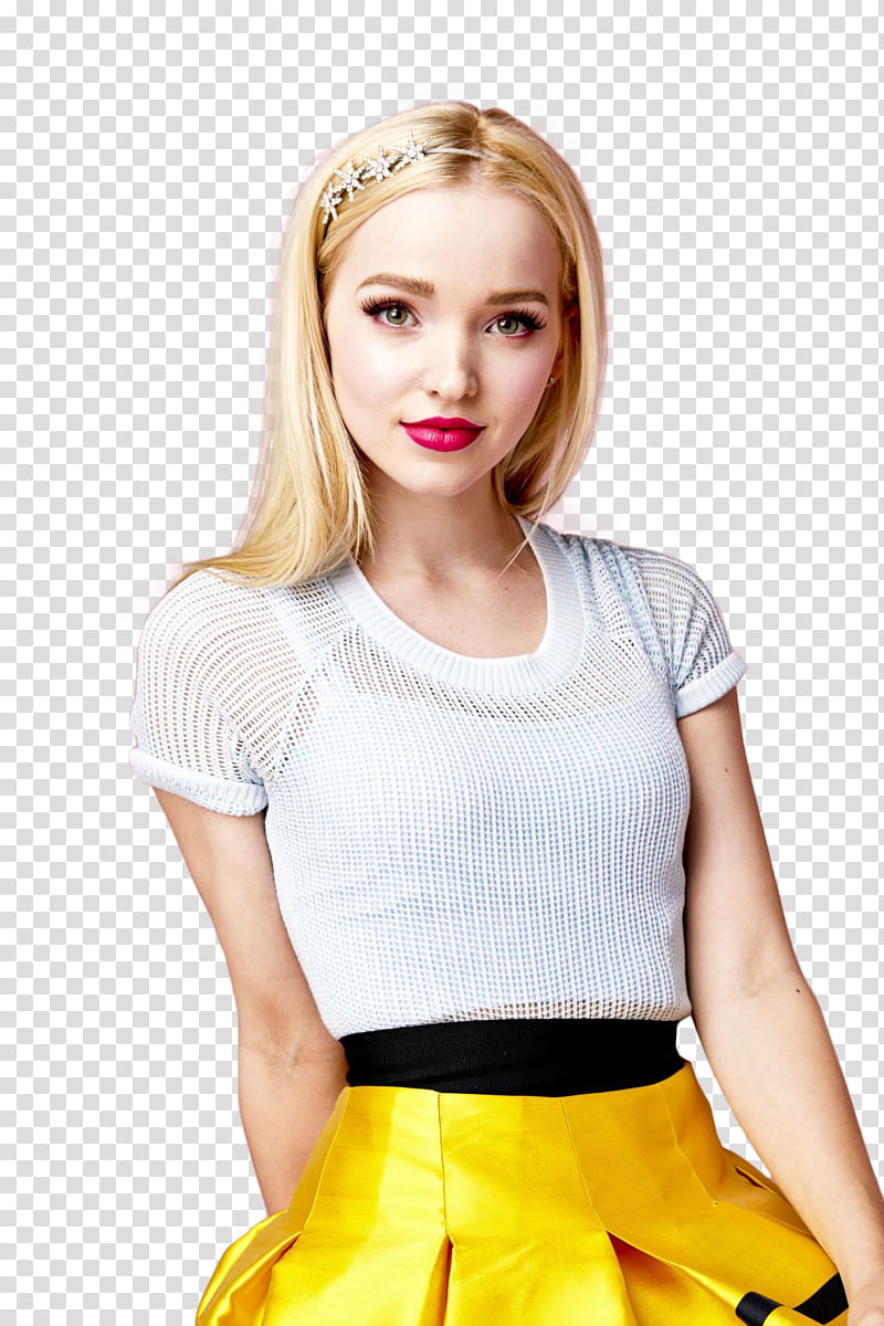 Dove Cameron, woman wearing white top and yellow skirt art.