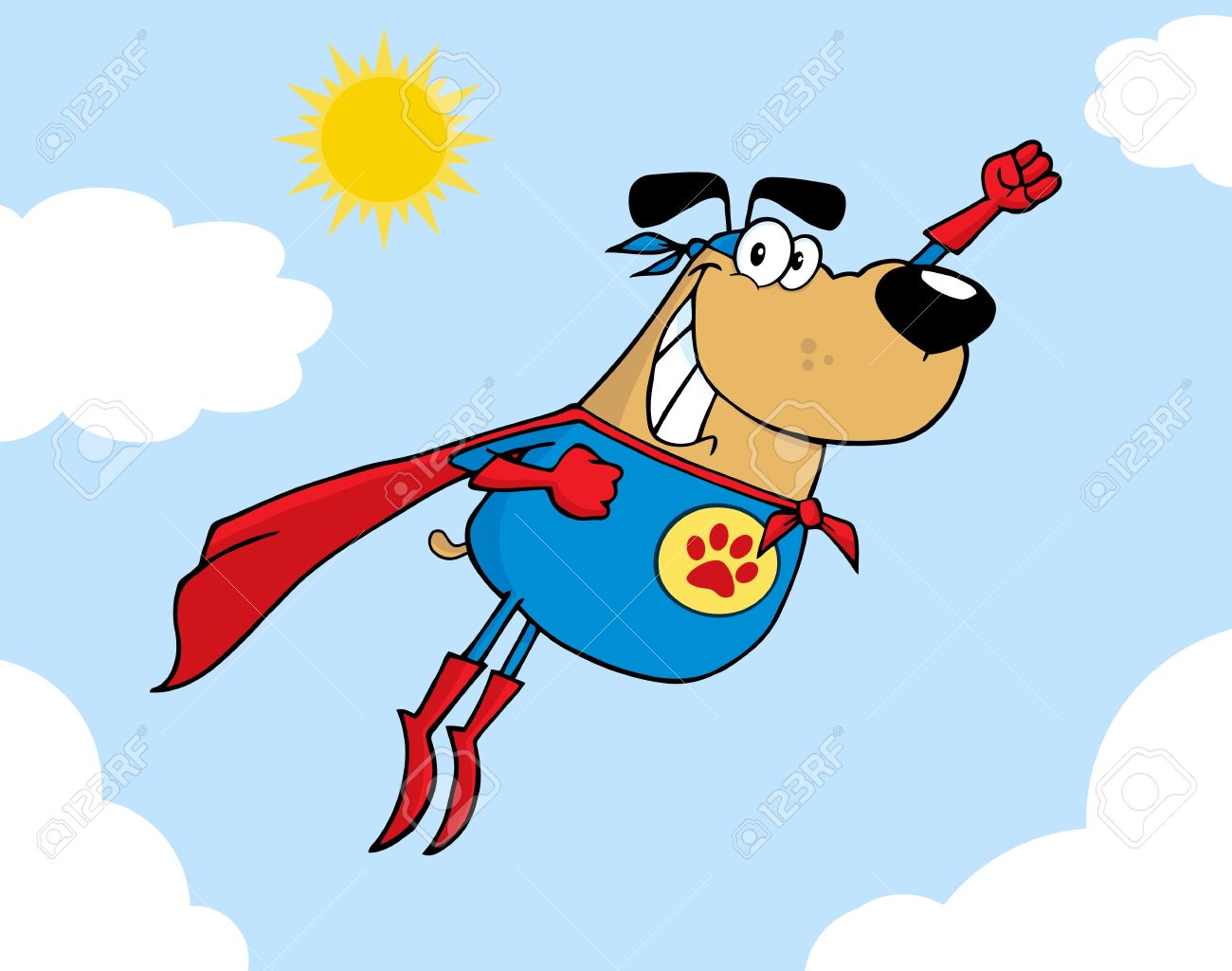 Brown Súper Héroe Canino Volando En El Cielo Ilustraciones.