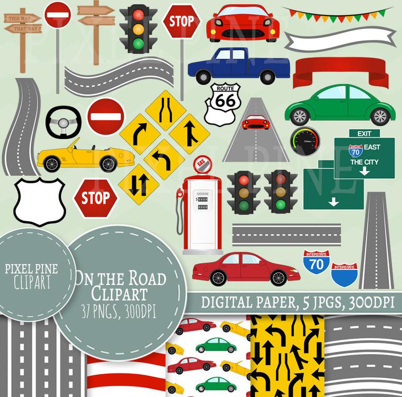 On the Road Clipart Set, Road themed 37 PNGs, 5 Car and Road Digital Paper  JPGs, Commercial Use, Road trip clipart, road trip clip art pngs.