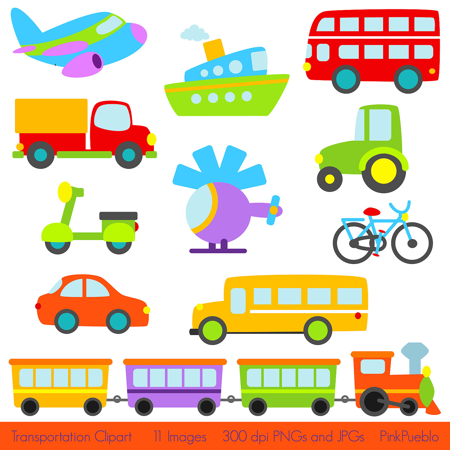 Transportation Clip Art Clipart with Car, Truck, Train, Helicopter.