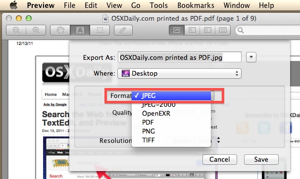 Convert a PDF to JPG with Preview in Mac OS X.
