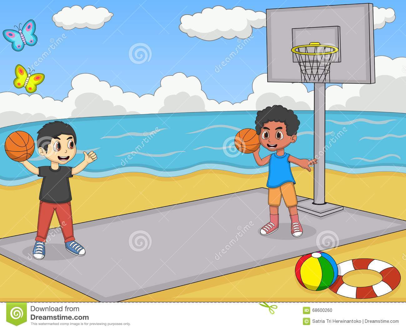 A Boy Playing Basketball At The Beach Cartoon Stock Vector.