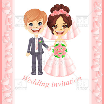 Wedding invitation with cute cartoon bride and groom Vector Image.