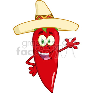 6777 Royalty Free Clip Art Smiling Red Chili Pepper Cartoon Character With  Mexican Hat Waving For Greeting clipart. Royalty.