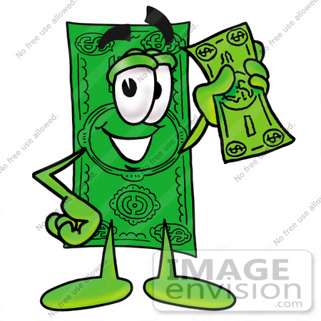 Clip Art Graphic of a Flat Green Dollar Bill Cartoon Character.