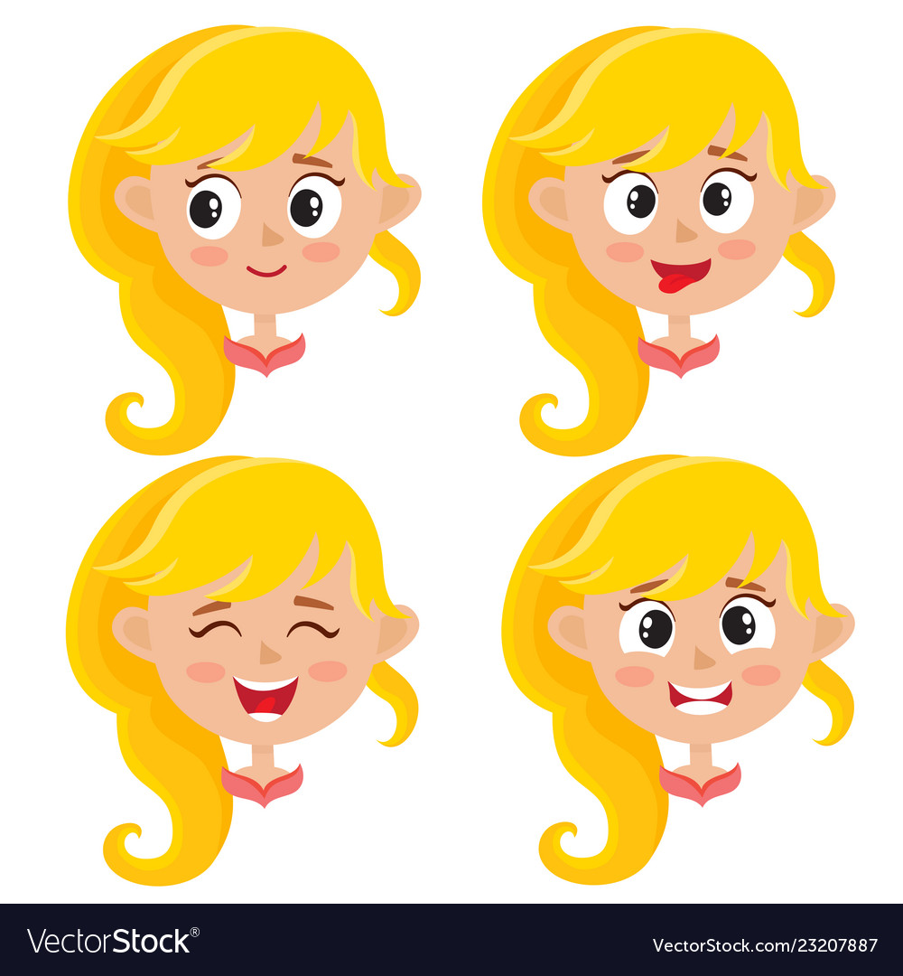 Set of blonde girl happy face expression isolated.