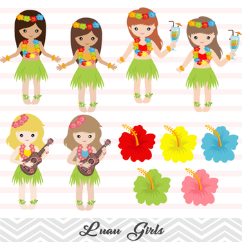Digital Luau Girl Clip Art, Hawaii Clip Art, Tiki Clipart, Hula Girl Clipart.