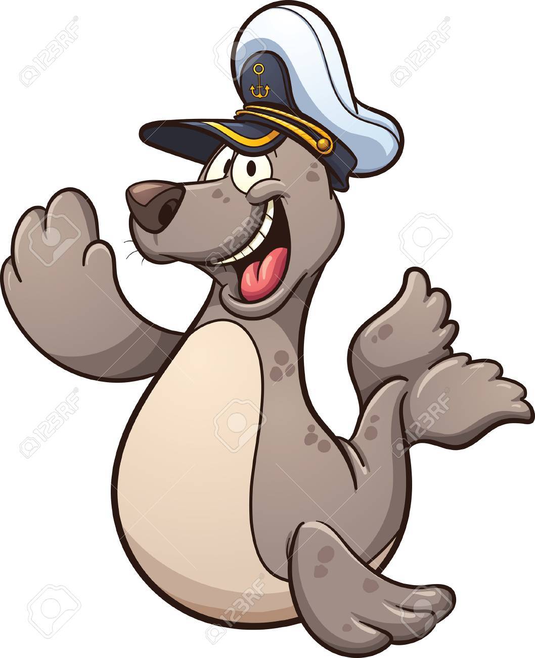 Happy cartoon seal wearing a captain hat. Vector clip art illustration...