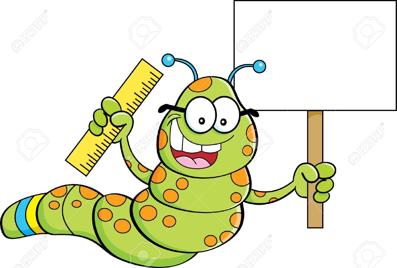 Cartoon Illustration Of An Inchworm Holding A Sign And A Ruler.