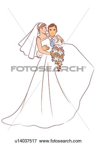 Stock Illustration of Groom lifting bride, bride putting arm.