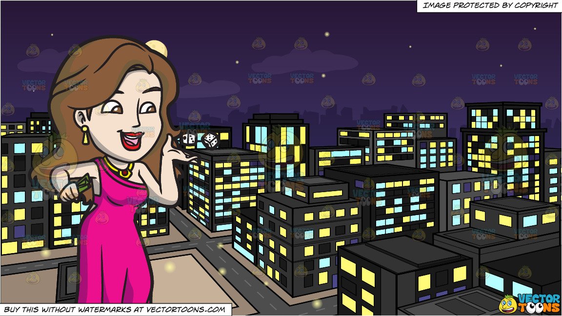 A Woman Spending Money In A Casino and A View Of The City From A Top Of A  Building At Night Background.