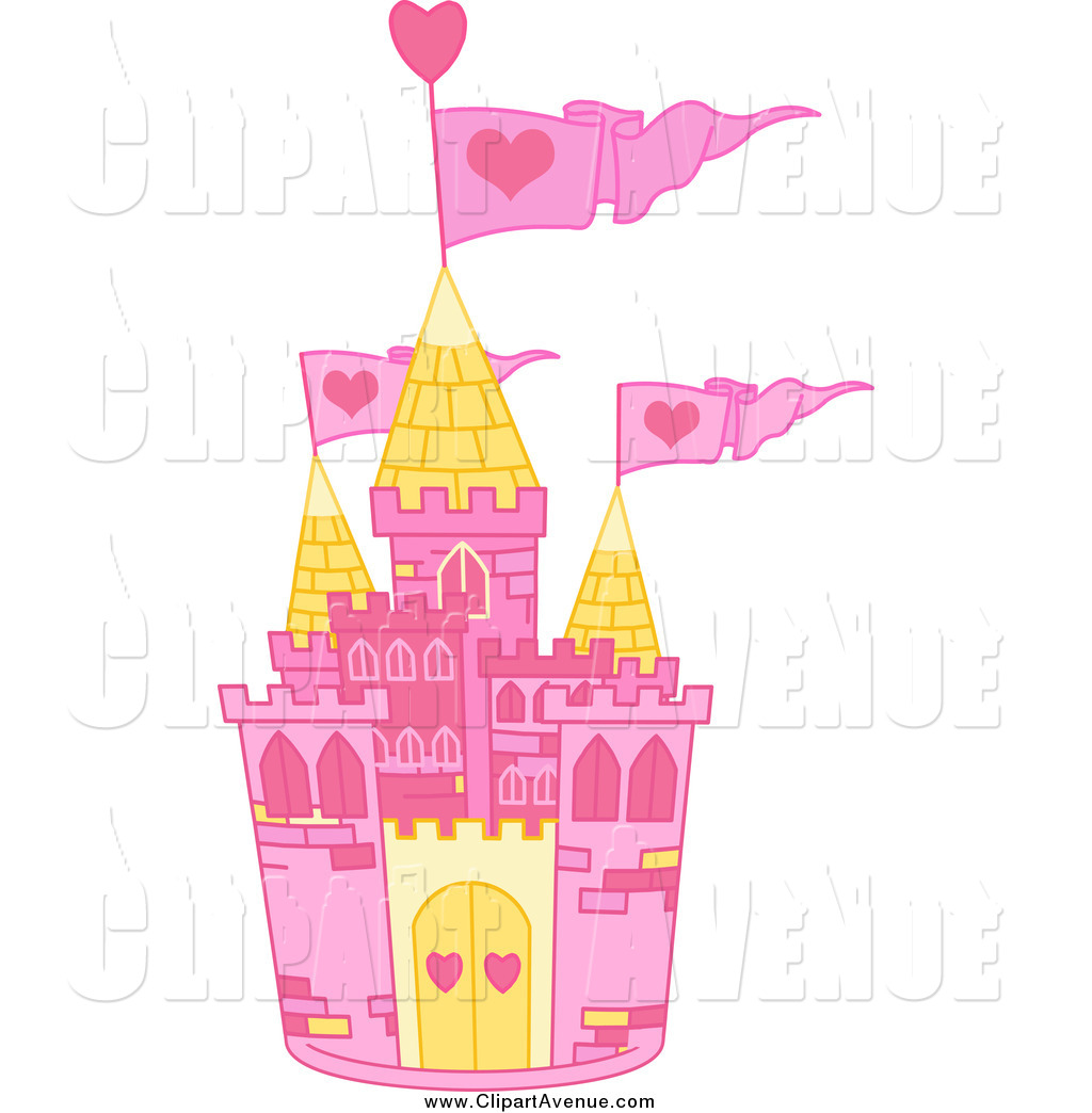 Avenue Clipart of a Pink and Yellow Castle with Pink Heart Flags.