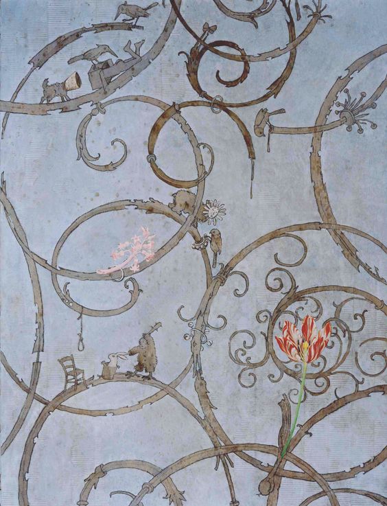 Detail of hand painted mural by Wouter Dolk, Benrath Castle.