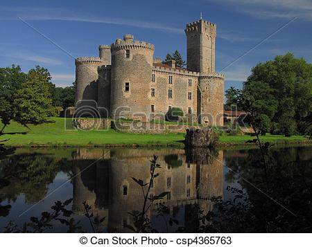 Stock Photos of Lake, Montbrun Castle, tower.