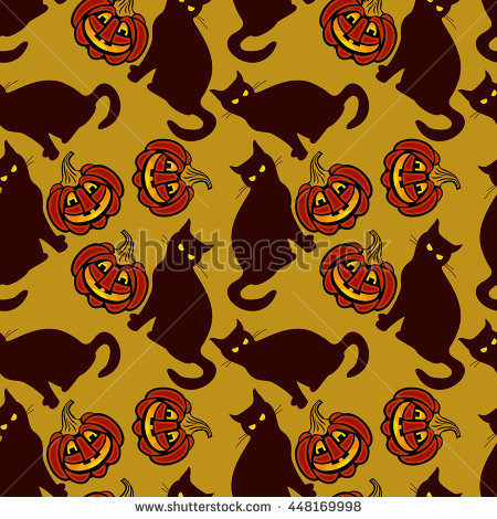 Seamless Pattern With Halloween Pumpkins And Evil Cat. Vector Clip.