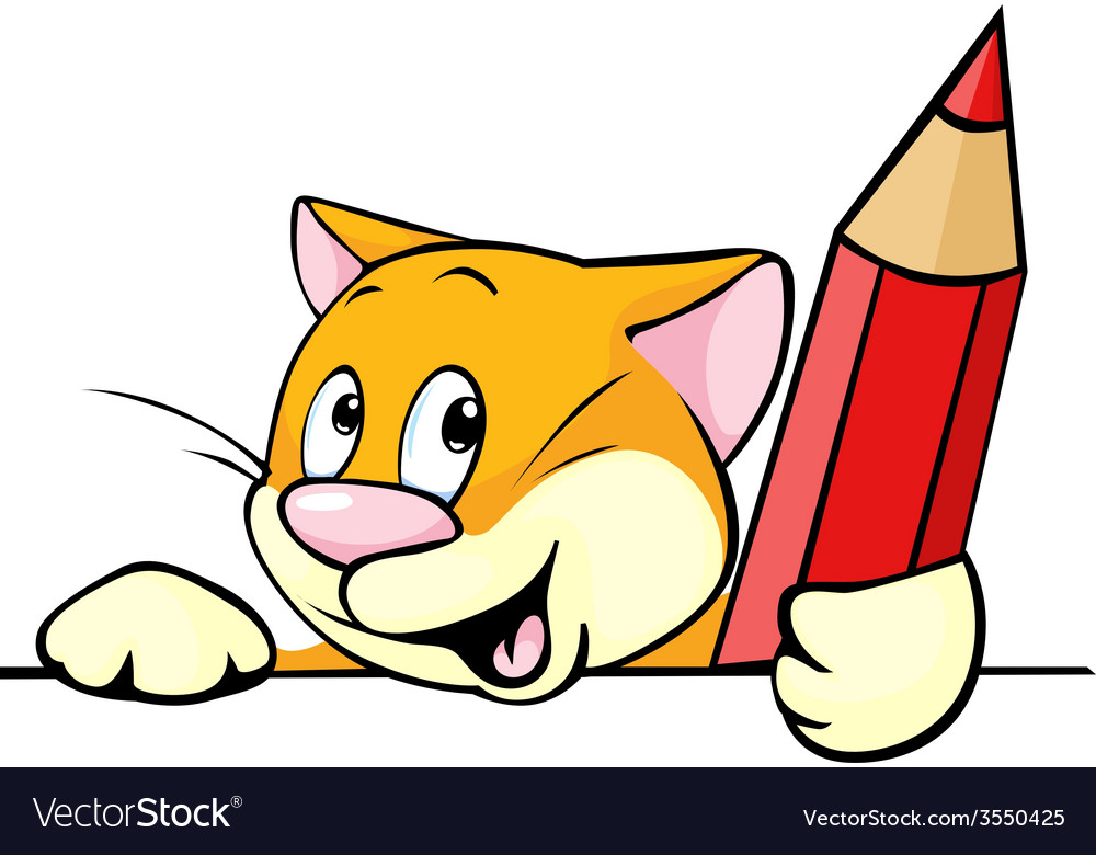 Cartoon cat peeking out holding red pencil.