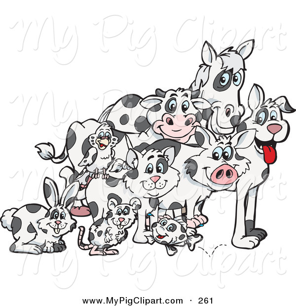Swine Clipart of a Rabbit, Mouse, Fish, Cat, Bird, Pig, Dog, Cow.