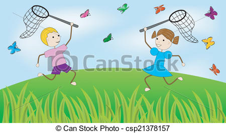 girl and boy catch butterflies.