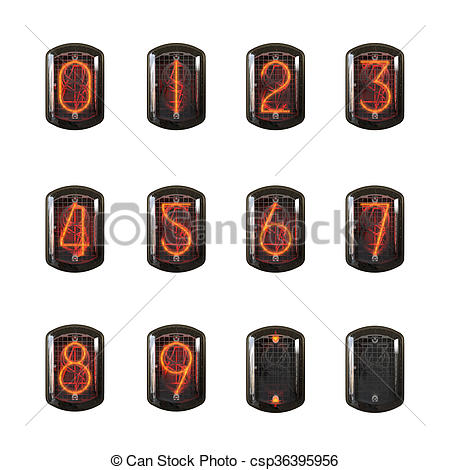 Stock Illustrations of Nixie clock numbers set. Cathode digit in a.