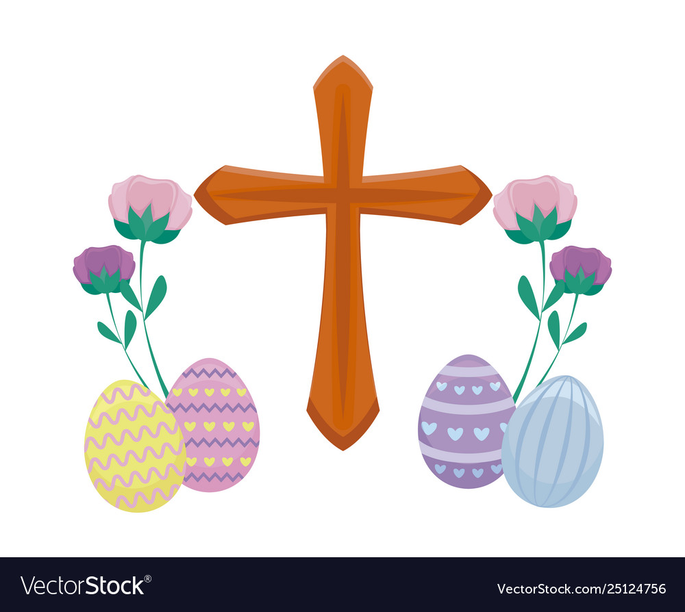 Wooden catholic cross with eggs easter and.