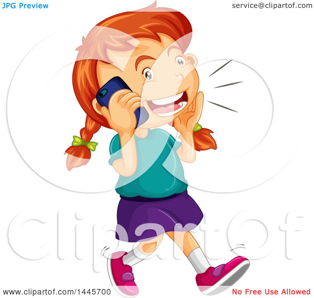Clipart of a Red Haired Caucasian Girl Walking and Talking on a.