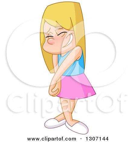 Clipart of a Cartoon Little Caucasian Girl Gesturing at Herself.