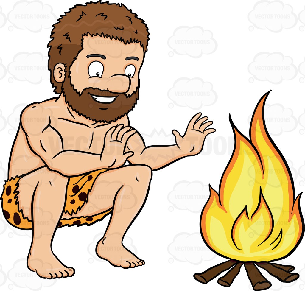 A Caveman Smiles In Relief Beside A Bonfire.