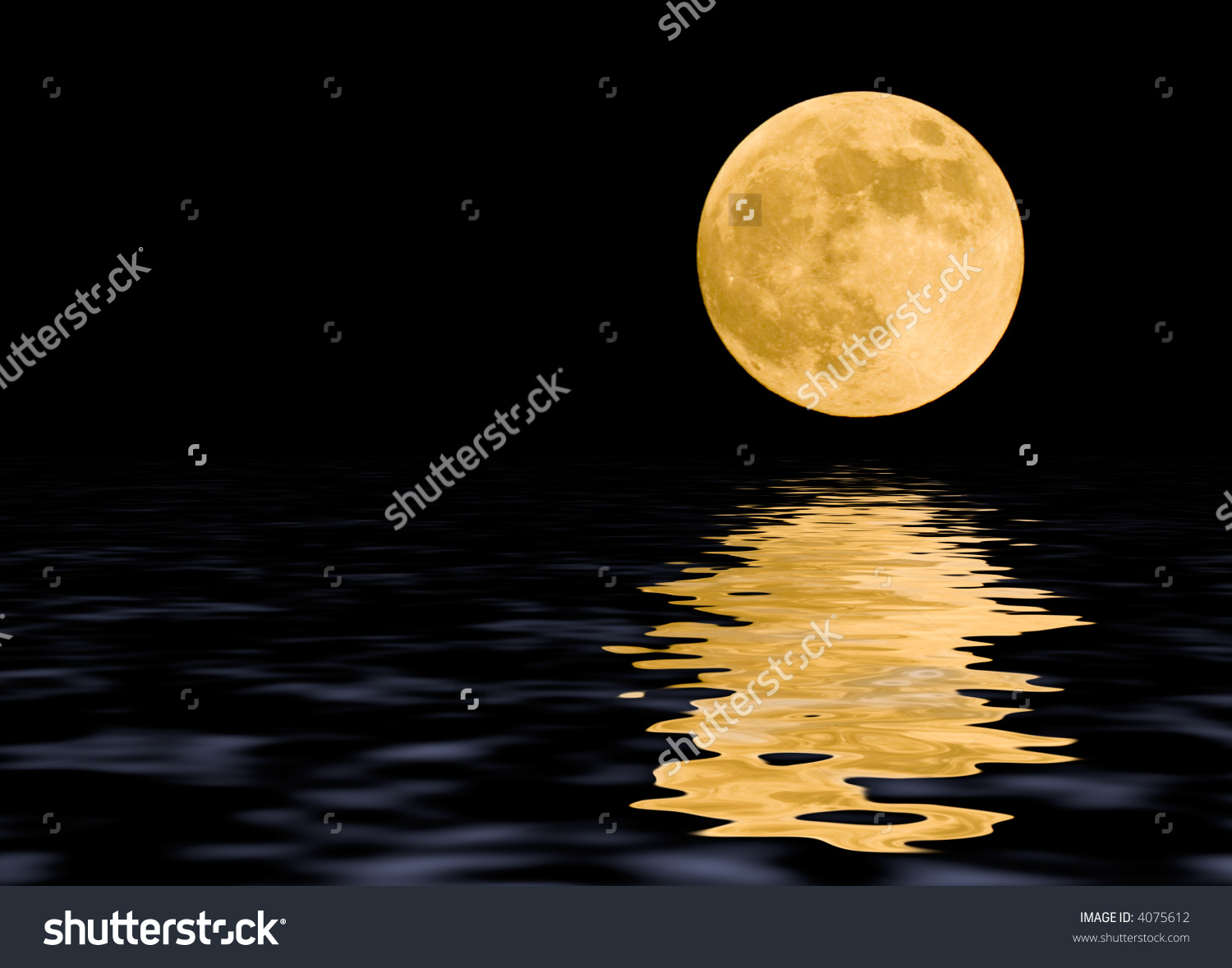Moon At Midnight With Some Reflections In The Water Stock Photo.