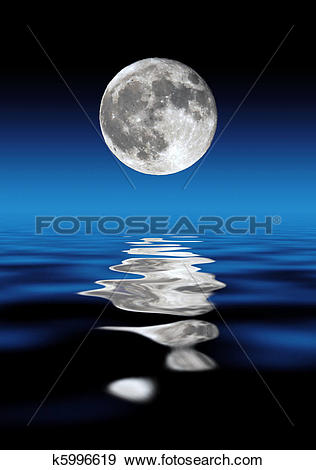 Stock Photograph of Full Moon Over Water At Night k5996619.