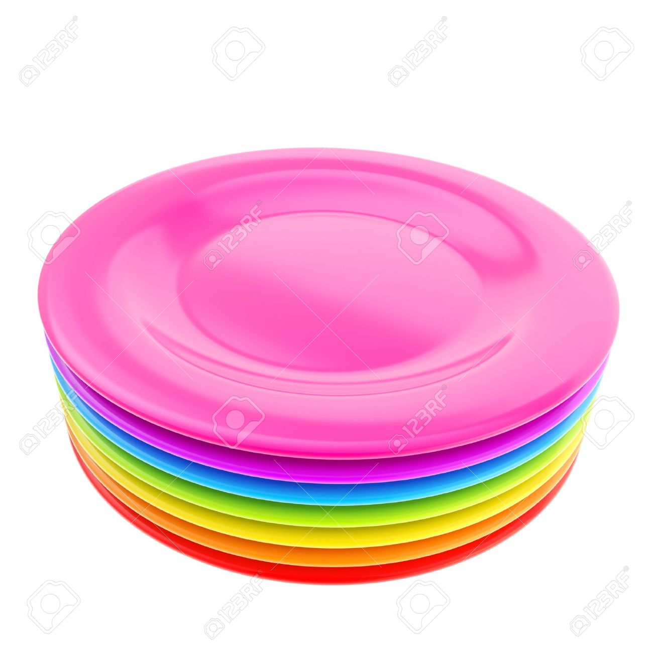 Stack Of Colorful Rainbow Colored Ceramic Plate Dishes Isolated.