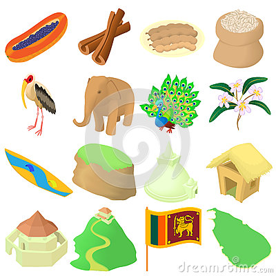 Sri Lanka Travel Icons Set, Cartoon Style Stock Vector.
