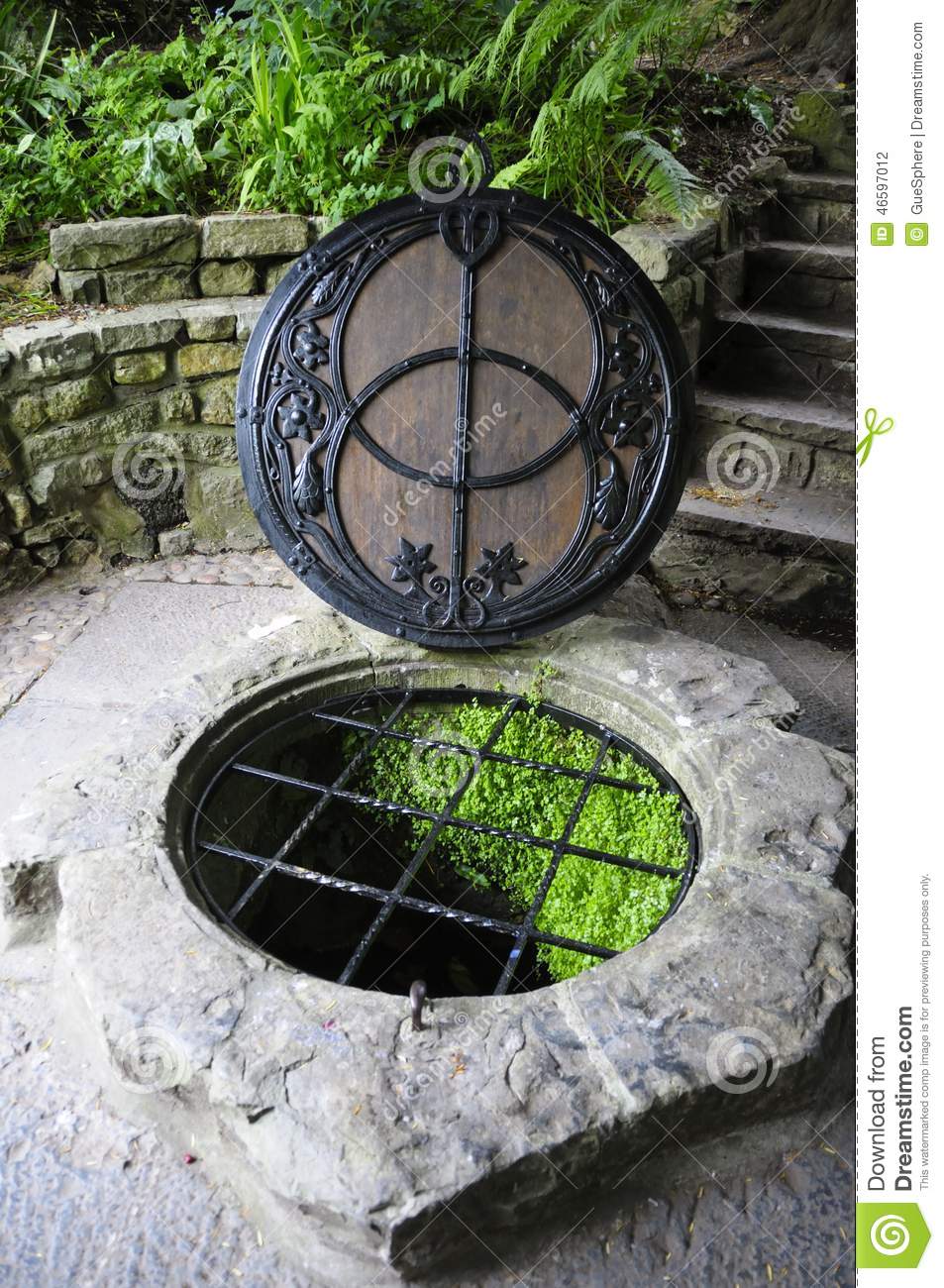 chalice well in the center of avalon at glastonbury tor.