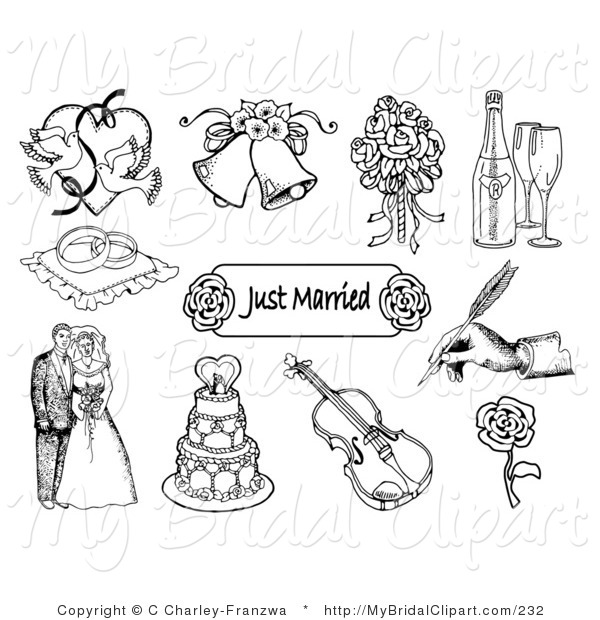 Clipart of a Black and White Set of Doves, Wedding Bells, a Bridal.